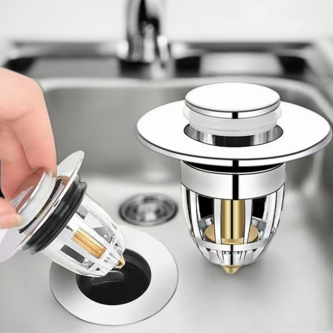 Universal Rebound Drain Plug Filter Basin Pop-up Chrome Sink Filter with Hair Catcher Bathroom Sink Drain Stopper Easy Push Type