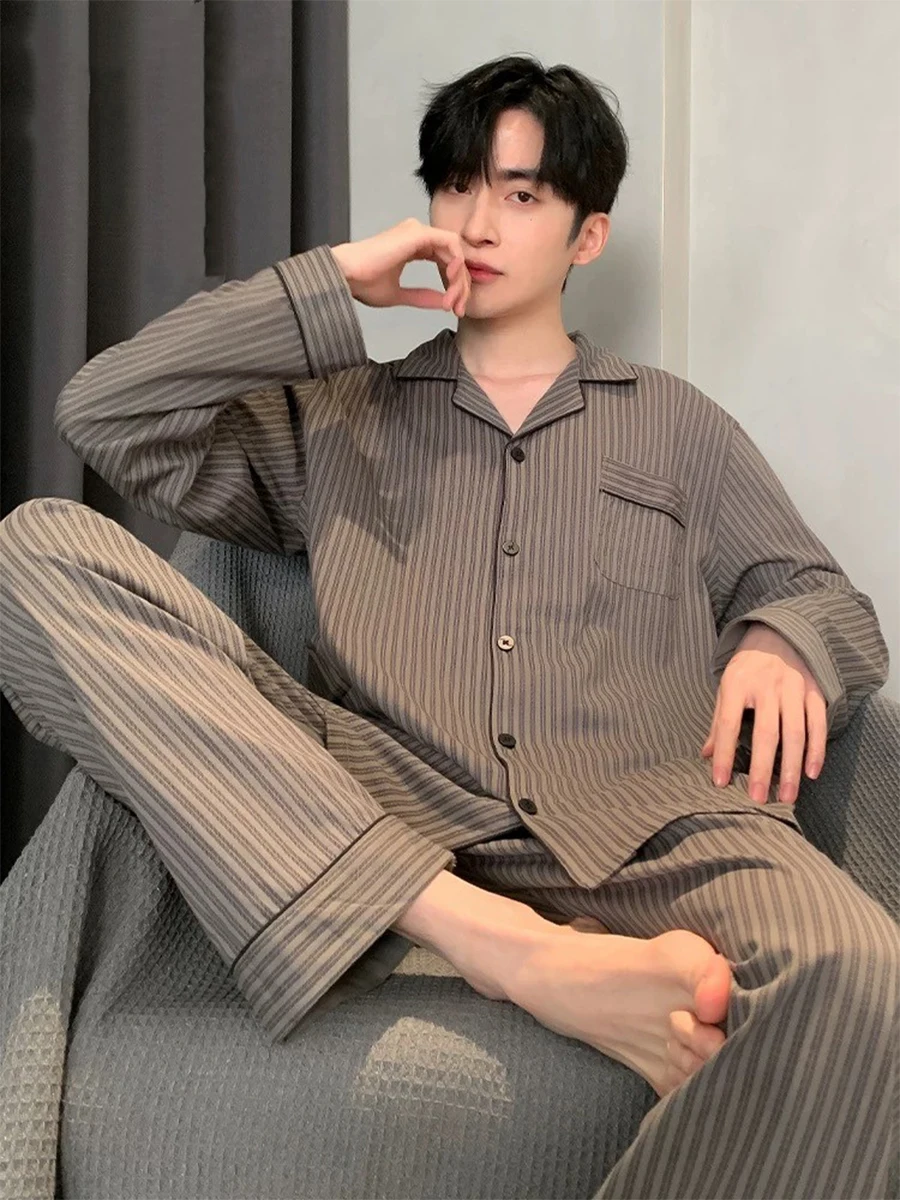Pijamas primavera e outono calças de manga comprida masculinas cardigan lapela solta tamanho grande roupas para casa terno de primavera