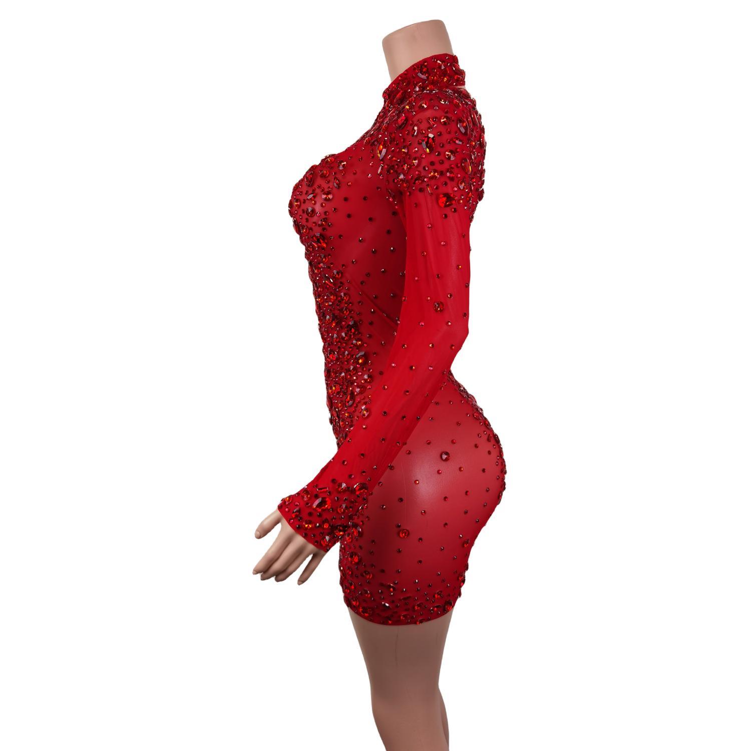Vestidos de malha com strass para mulheres, traje de noite, vestido sexy para performance de palco, comemoração de aniversário vermelho