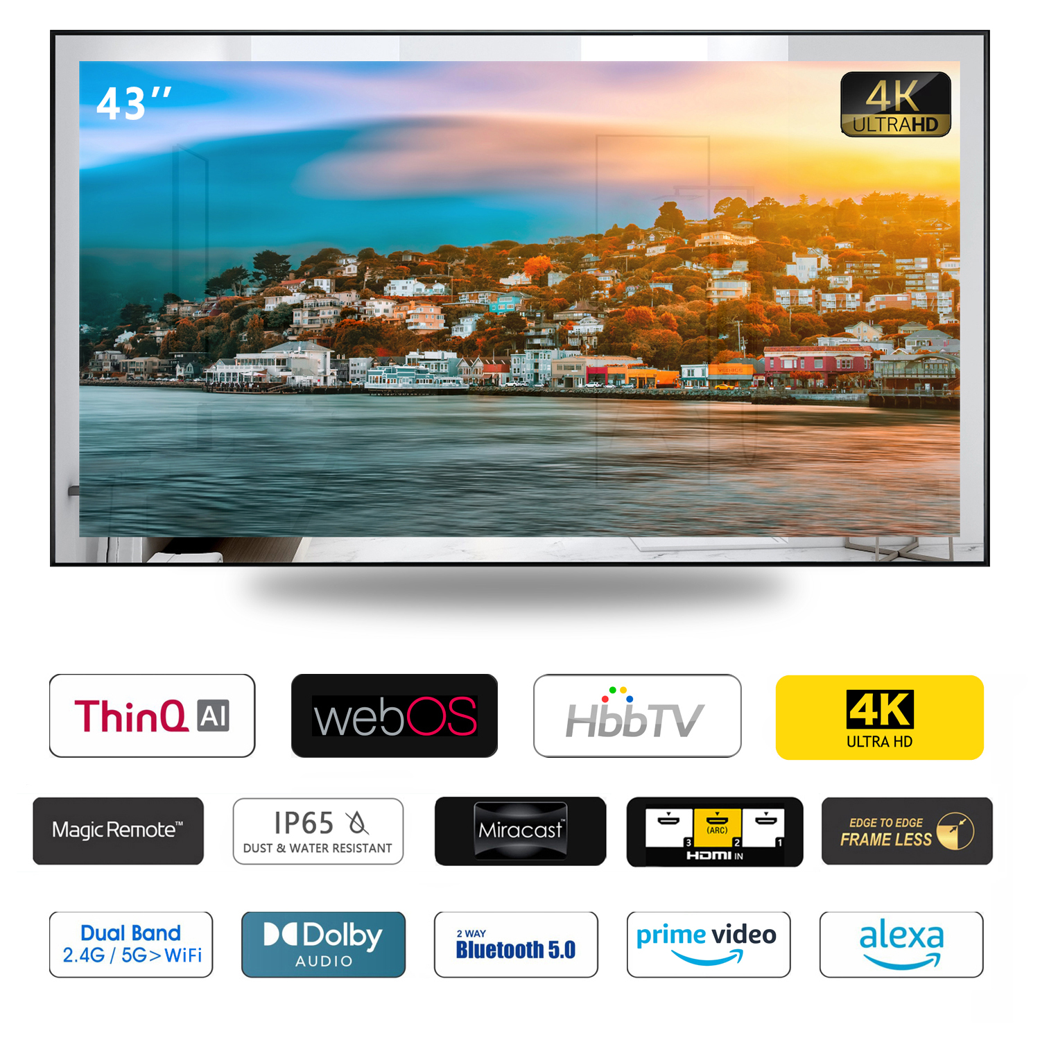 音声制御付きスマートTVミラー,43インチ,LED大画面,4K,防水,Android,wifi,dvb,atsc,soul webos