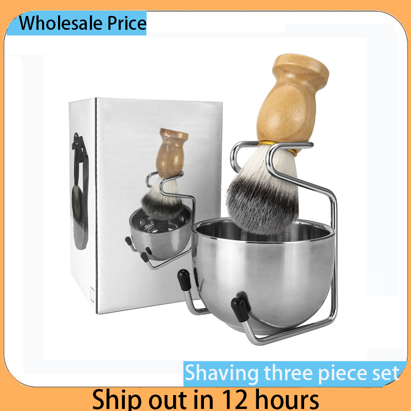 Juego de brocha y tazón de afeitar para hombre, kit de brocha de afeitar 3 en 1, mango de madera con tazón de afeitar de acero inoxidable y soporte para brochas