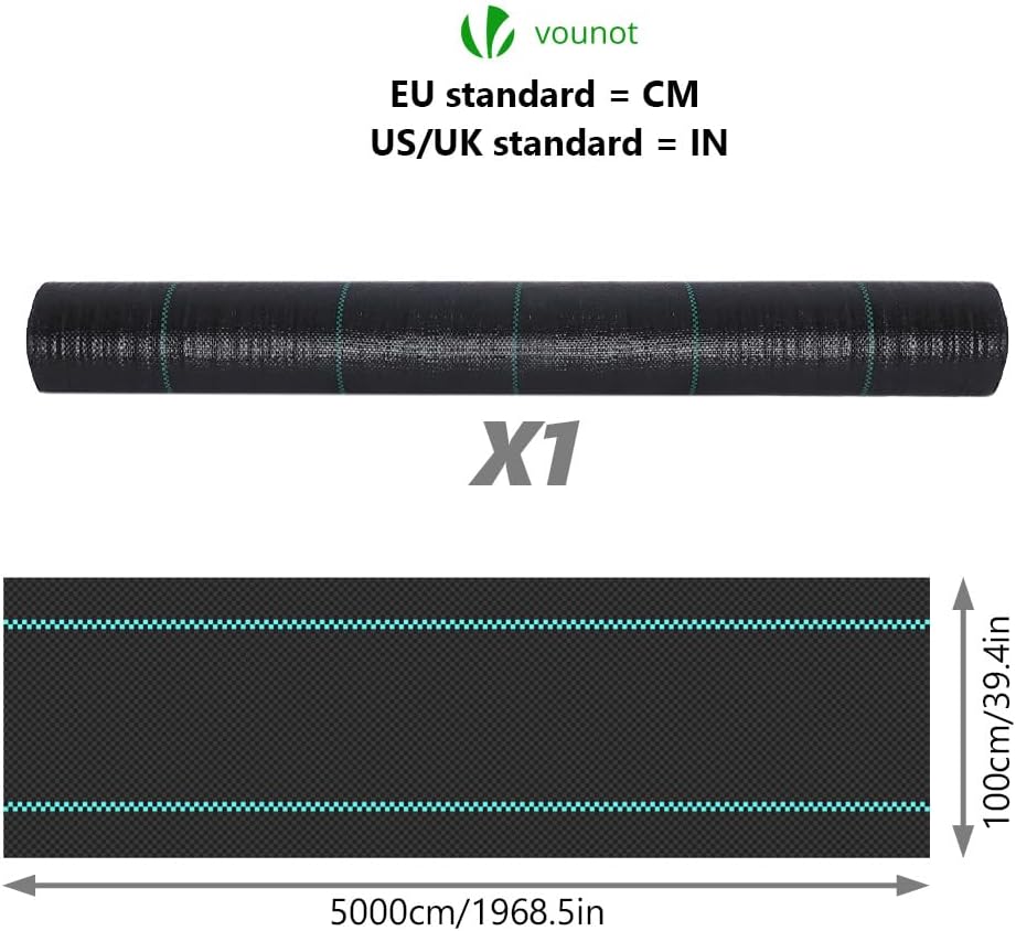 Malla Antihierbas, Tela Geotextil para Control de Maleza, 1 m x 50 m, 100 g/m2, Resistente a la Rotura y Estabilizada con