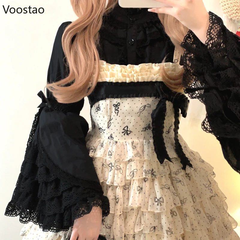 Victorian Elegant Lolita เสื้อผู้หญิง Harajuku Gothic Y2k ลูกไม้ Ruffle Flare แขนเสื้อผ้าฝ้ายหญิง Vintage Blusas Mujer Top