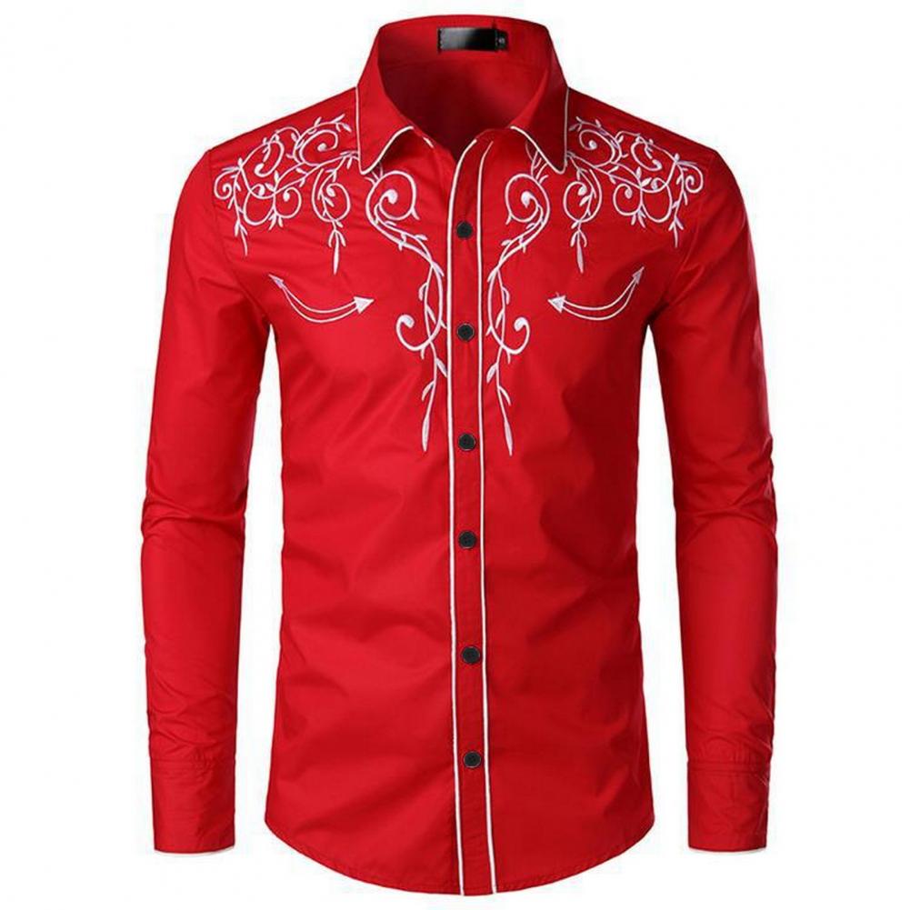 Camisa bordada a la moda para hombre, estilo vaquero occidental, manga larga, cuello de solapa, camisa de un solo pecho, camisa informal bordada, Top