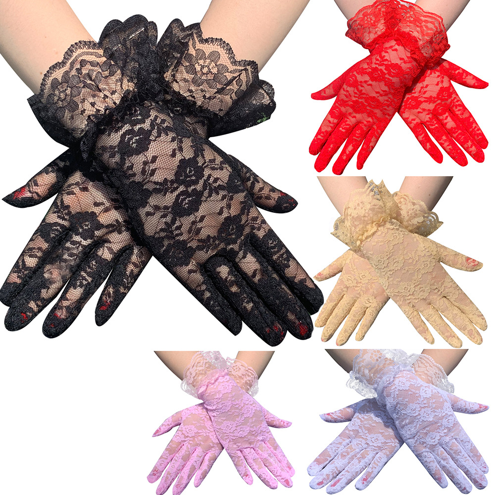 Guantes cortos de tul de encaje Sexy para mujer, guantes elegantes de hojas de loto para mujer, guantes de encaje nupcial
