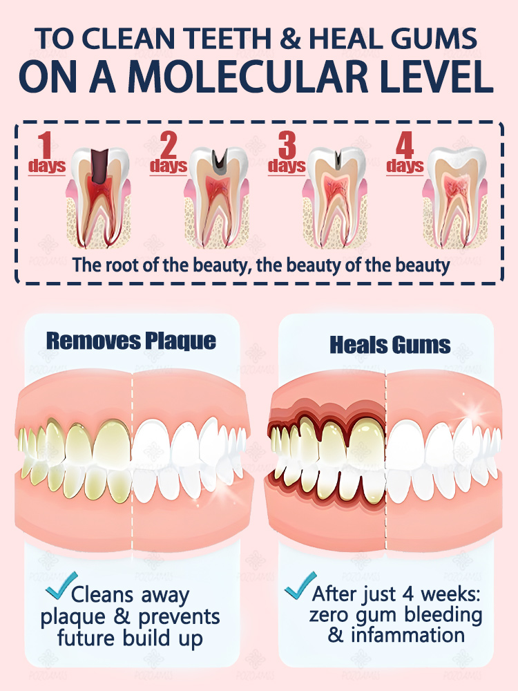 Herstelt gaatjes, verhelpt kiespijn, herstelt en bleekt tanden.