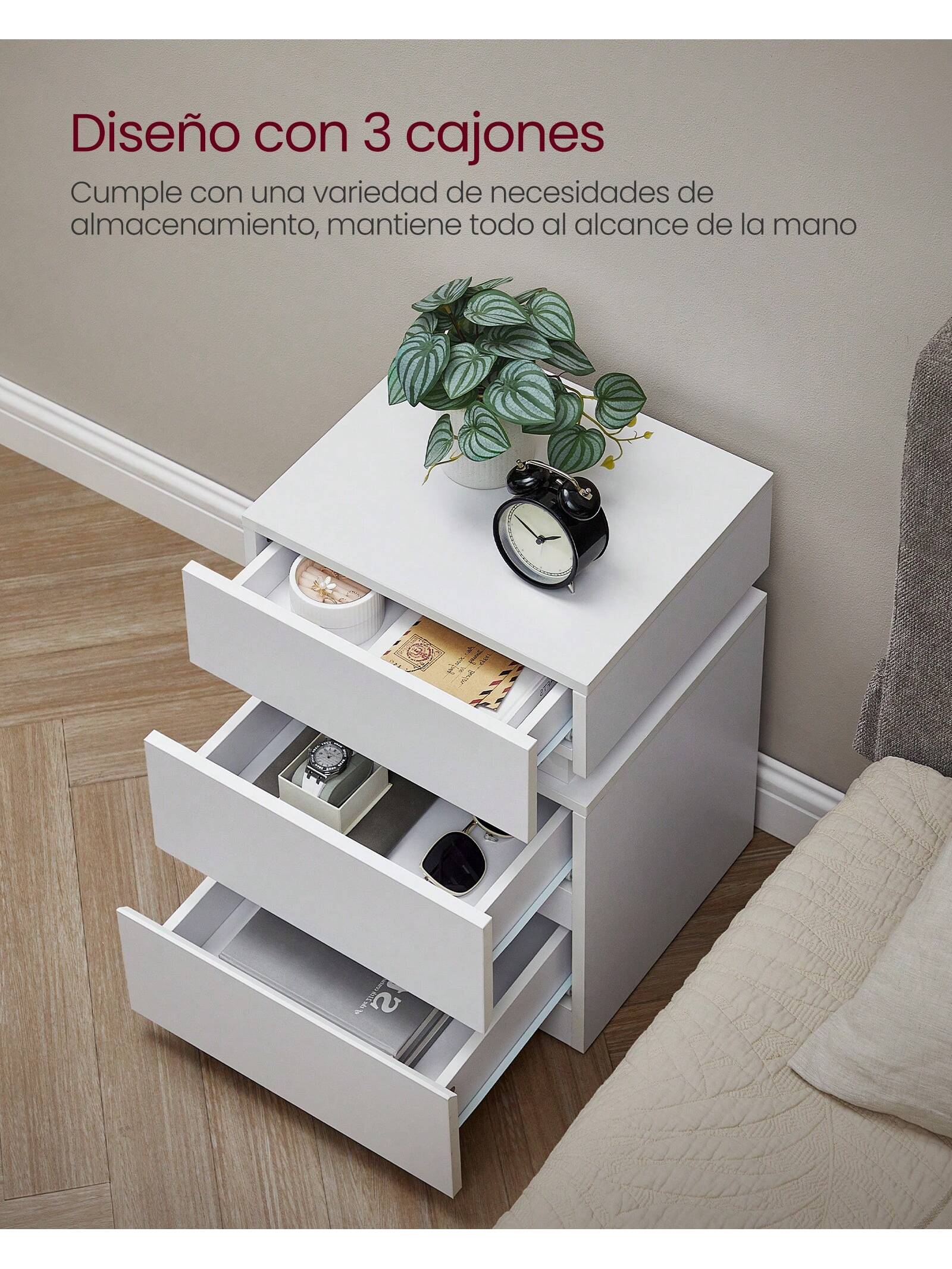 VASAGLE Mesita de Noche con Tira de Luz LED Multicolor Variable, 3 Cajones, Mesa Auxiliar, Estilo Moderno, 35 x 40 x 55 cm, Negro con Veta de Madera/Blanco