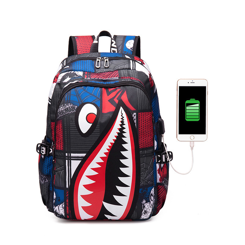 Mochila Mochila de viaje con estampado de tiburones de dibujos animados, Mochila para estudiantes de escuela primaria, Mochila Infantil