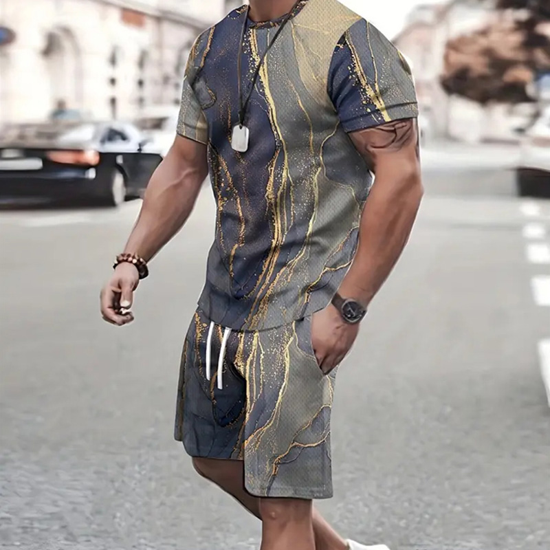 เสื้อยืดแขนสั้นและกางเกงขาสั้นกีฬาผู้ชายแฟชั่นชุดสูทสองชิ้นผู้ชายชุดวินเทจลำลองลำลองฤดูร้อน2024กีฬา