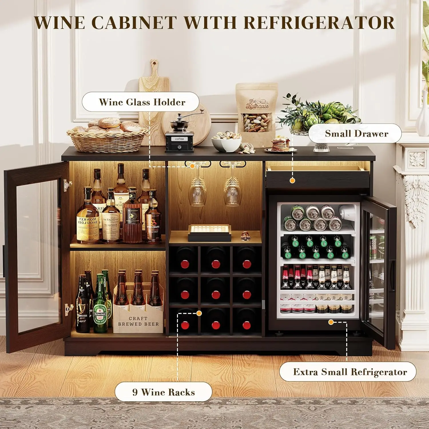 Wine Bar Cabinet with Fridge, LED Lights, Human Body Sensor, Black