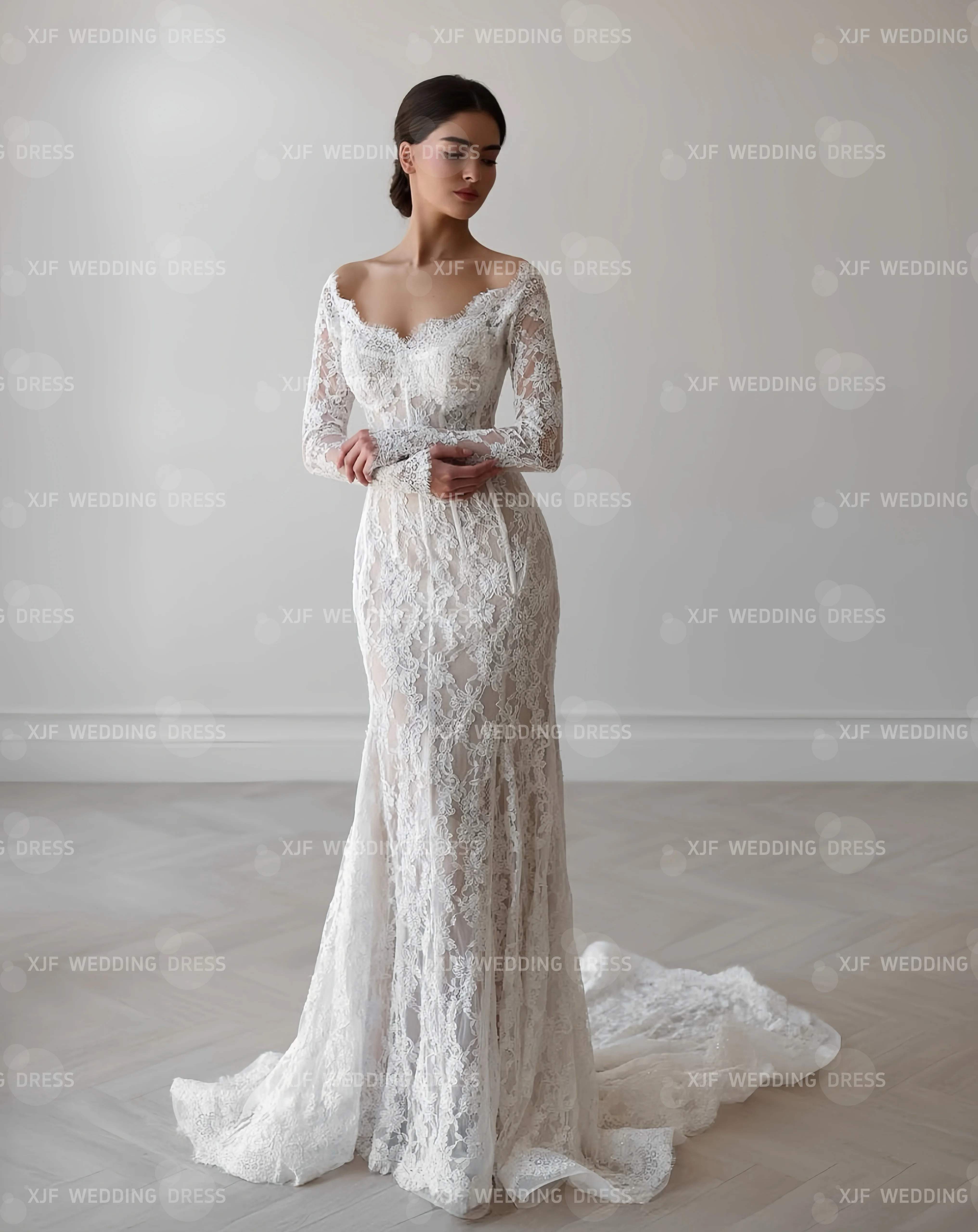 Personalizzato Dolce Collare Manica Lunga Sirena Coda Staccabile Abito da Sposa in Pizzo abiti da sposa amanda novias amanda novias off