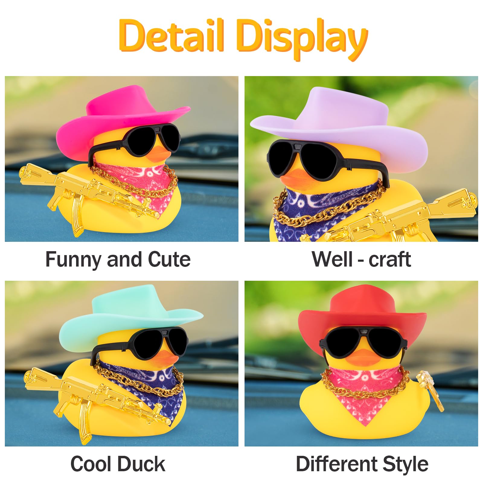 Rubber Duck Car Ornaments Duck Car Dashboard Decorations for Cool Car Accessories with Cowboy Hat Necklace and Sunglasses
