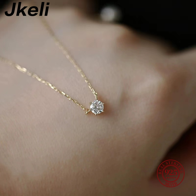 Jkeli 925 スターリングシルバー 18 k ゴールドメッキネックレスシングルスパークリングジルコン鎖骨チェーン女性のウェディングジュエリー Collares