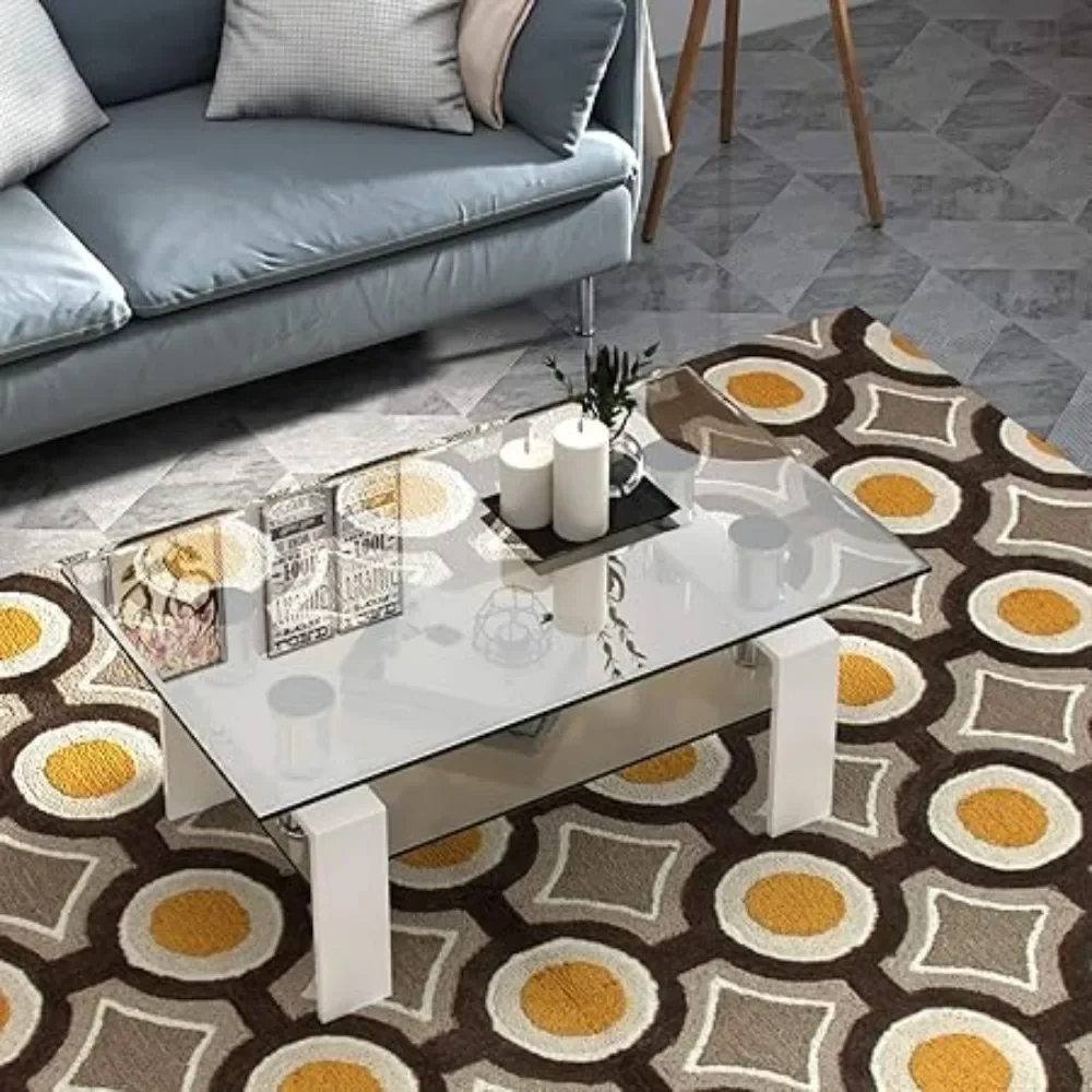 Rechteckiger Couchtisch aus Glas, moderner Beistelltisch mit unterer Ablage, Tischplatte aus gehärtetem Glas und Metallbeinen