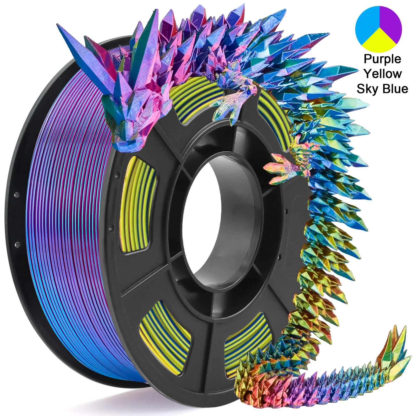 Filamento de impresora 3D PLA de seda tricolor, filamento de impresión 3D multicolor de 1,75 mm, filamento morado, azul cielo y amarillo, 250 g (0,55 lb)