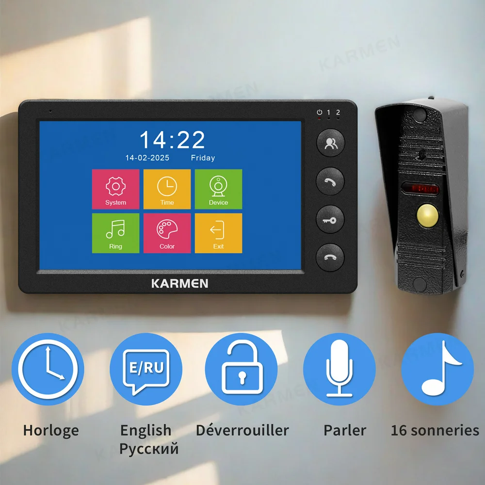 Karmen-Sonnette vidéo pour la maison, moniteur d'interphone filaire 7 pouces, x1, étanche, porte téléphone, caméra x1, prise en charge du système de déverrouillage