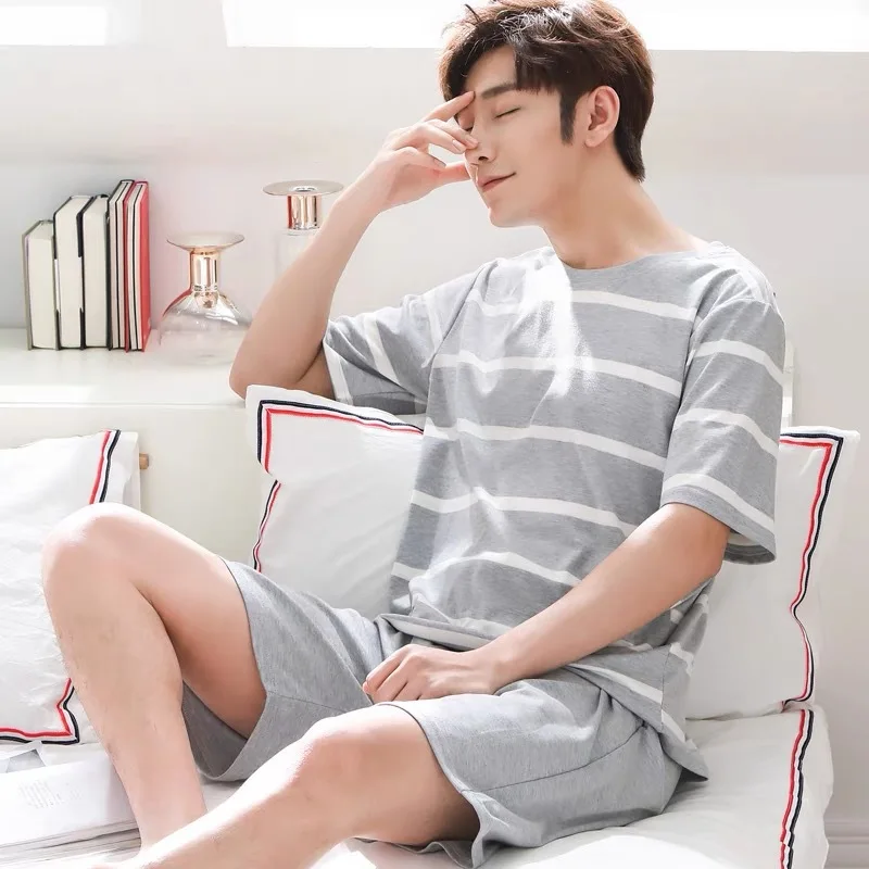 Pijamas de verão masculinos conjunto de shorts de manga curta estudantes adolescentes dos desenhos animados listrado verão casual pijamas conjunto de homewear