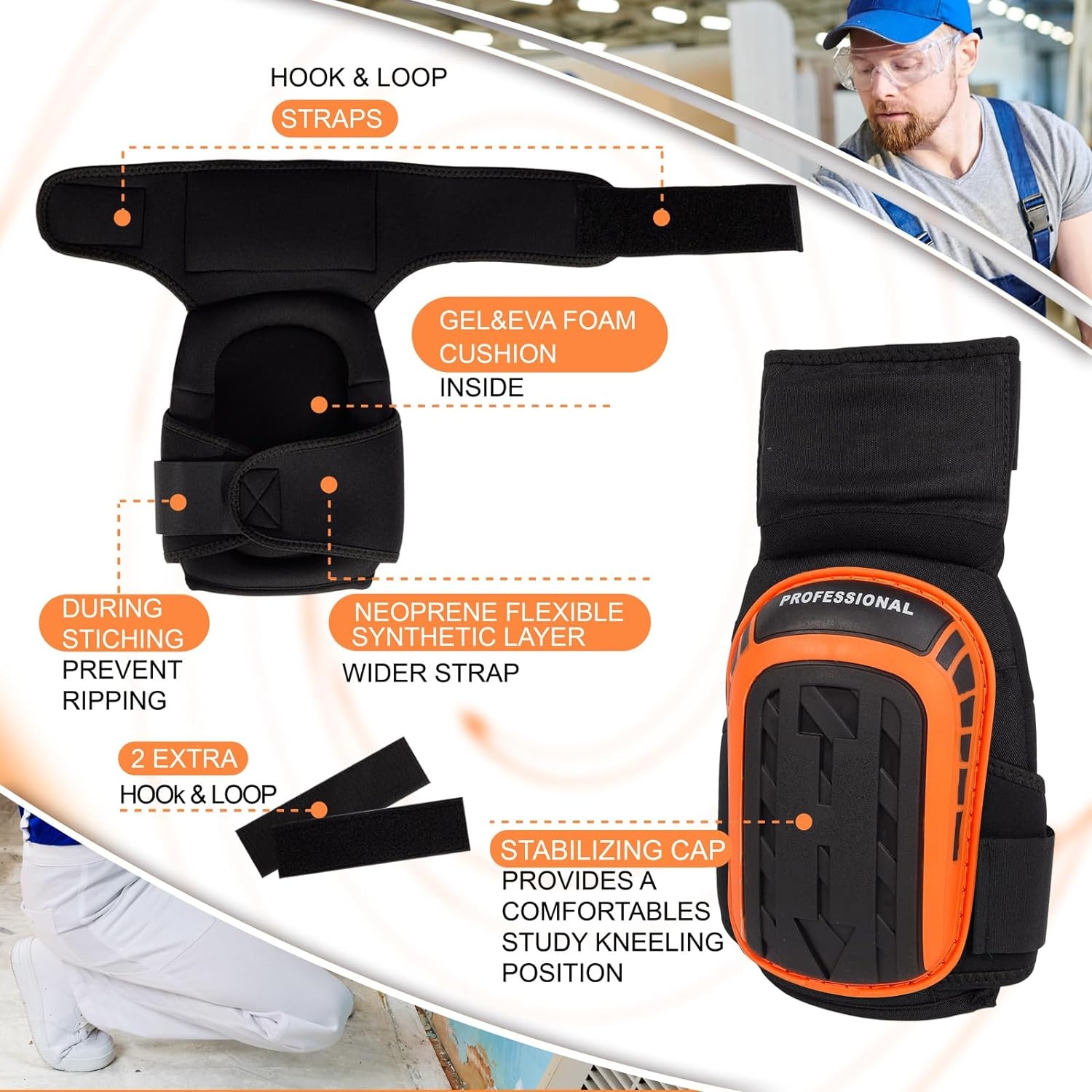 Ginocchiere per lavoro, ginocchiere di supporto per carichi pesanti con cuscino in gel e cinghie antiscivolo per costruzioni, pavimenti, giardinaggio, pulizia