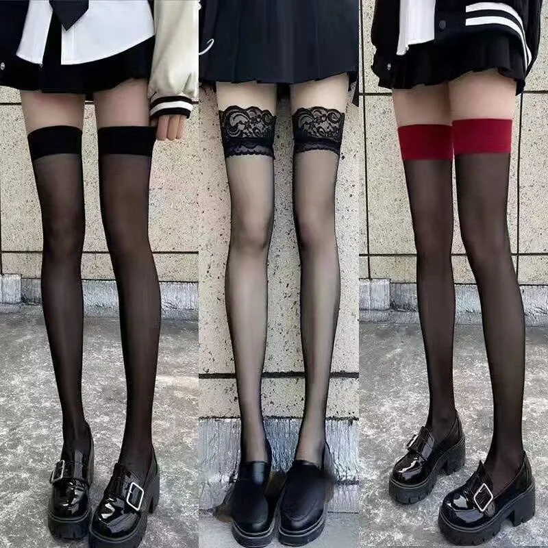 Calcetines largos por encima de la rodilla con borde rojo para mujer, medias altas hasta el muslo transparentes de encaje gótico, medias sólidas de seda fina Punk JK