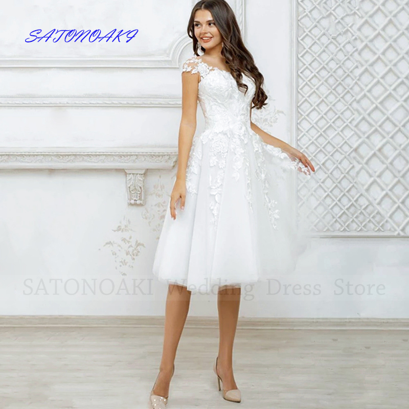 Vestidos De Novia elegante abito da sposa corto in pizzo con scollo a v manica con cappuccio al ginocchio Appliques abiti da sposa Robe Mariée Custom Made