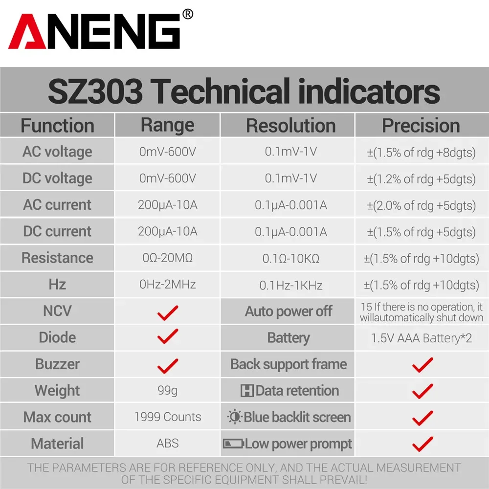 ANENG SZ303 multimetro digitale intelligente 1999 conteggio corrente di tensione AC/DC professionale conservazione dei dati elettrici strumento ad alta precisione