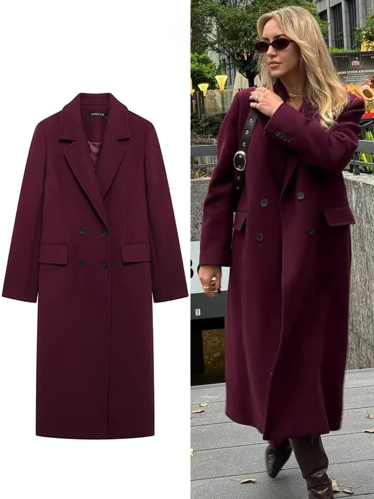 Hh moda feminina borgonha casaco de lã duplo breasted manga longa lapela misturas jaqueta outono inverno high street outerwear