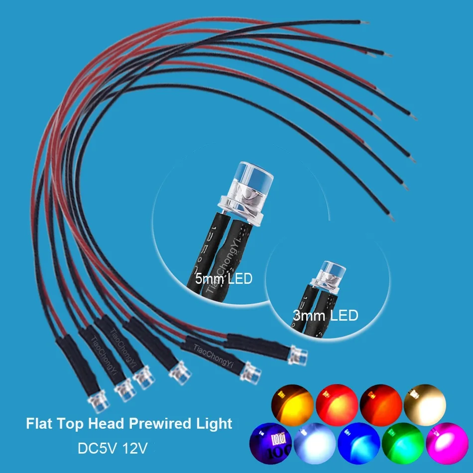10pcs 3mm 5mm Flat LED DC 5V-12V  Pre-Wired Water Clear Leds Red Yellow Blue Green White Orange Pink UV Light Lamp Bulb