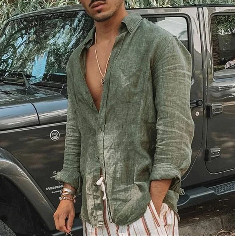 Cardigan con risvolto camicia da uomo in cotone e lino con bottoni a manica lunga da uomo