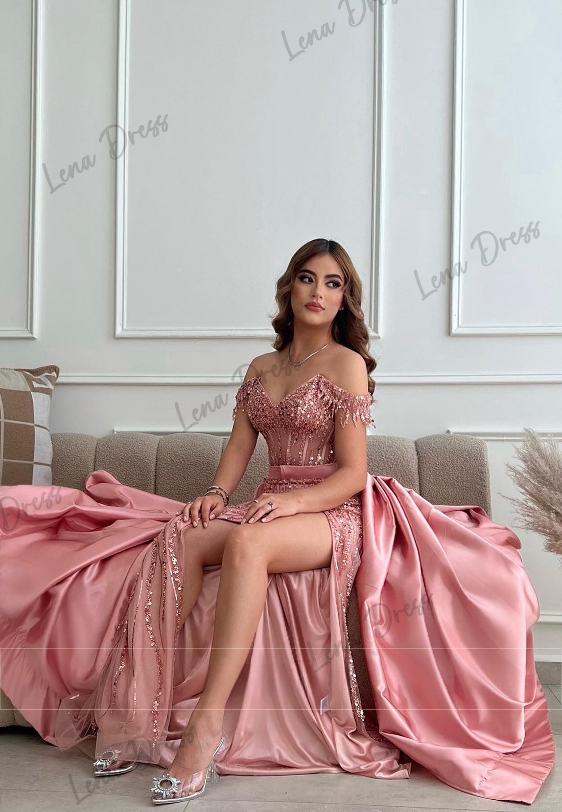 Lena robe de soirée épaules dénudées robe de soirée personnalisée 2025 robe de luxe brillant queue de poisson côté fendu robe de bal soirée