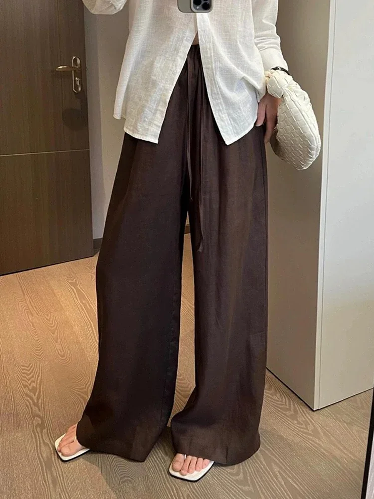 Pantalones de pierna ancha de lino de cintura alta para mujer, pantalones informales holgados finos de verano, Pantalones rectos lisos coreanos Harajuku que combinan con todo