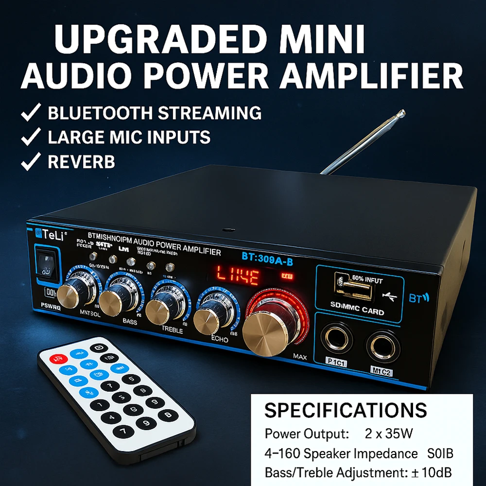 BT-309A-B Mini amplificateur Audio 35Wx2/Bluetooth USB SD FM AUX entrée micro avec amplificateur de puissance Echo/DC12V/AC220V