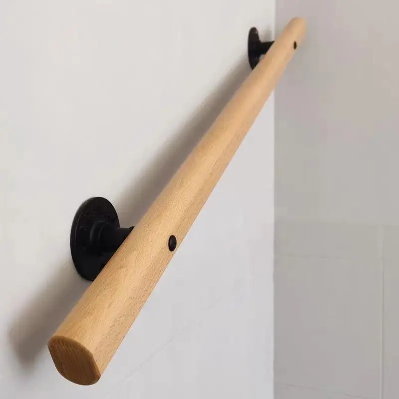 Modern Minimalist Stair Handrail, Anti-Slip Solid Wood & Iron Balustrade Wall-Mounted Safety Railing for Indoor Loft Villa Decor