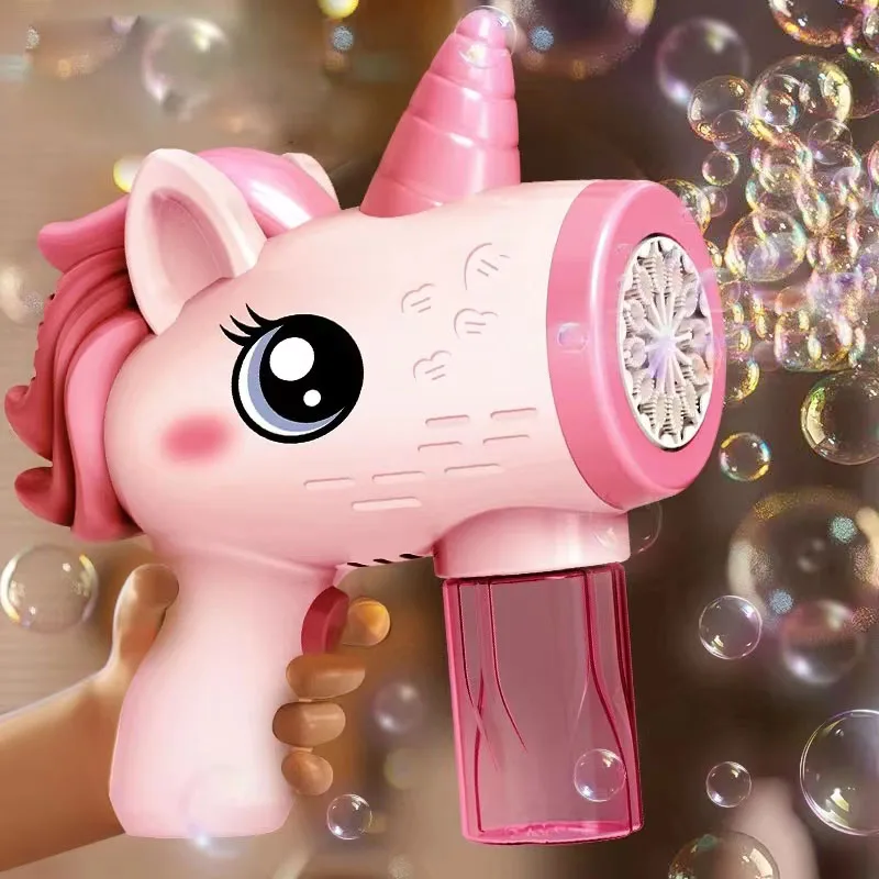 Pistola de burbujas eléctrica de unicornio, máquina de burbujas de juguete, soplador de jabón automático con luces, juegos de fiesta al aire libre de verano, regalos para niños