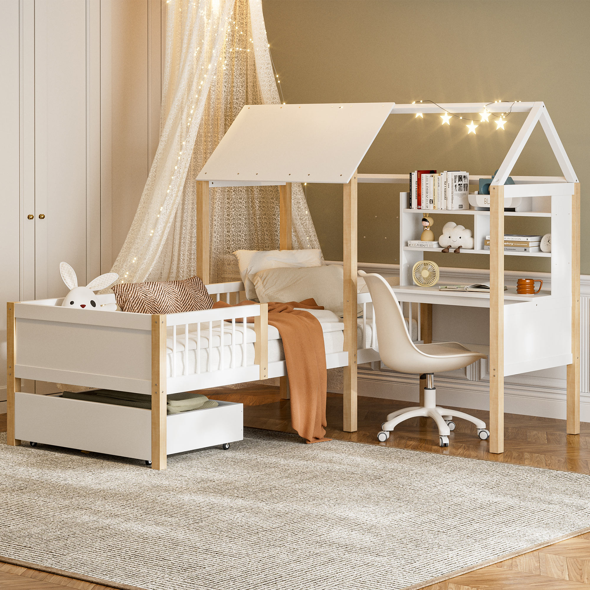 90 x 200 cm Kinderbett mit Rausfallschutz und Lattenrost, L-förmigem Schreibtisch und Bücherregal, Schubladen mit Rollen, multif