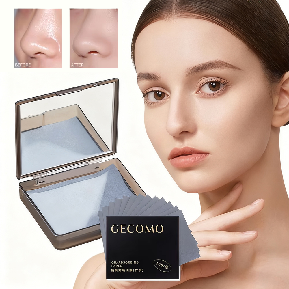100 hojas de papel secante de aceite con estuche y soplo de polvo, hojas absorbentes de aceite, hojas secante de aceite facial de carbón de bambú para maquillaje