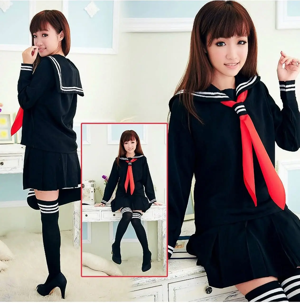Klassische japanische Schulmädchen-Matrosenkleiderhemden, Uniform, Anime-Cosplay-Kostüme mit Socken-Set