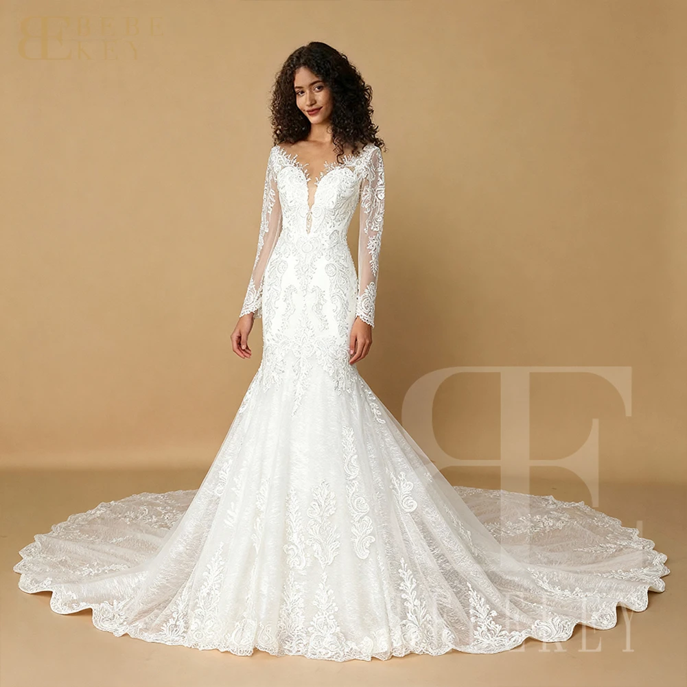 BEBEKEY Abito da sposa da donna in pizzo a maniche lunghe con scollo rotondo e strascico a cappella, abito a sirena per abito da festa di nozze