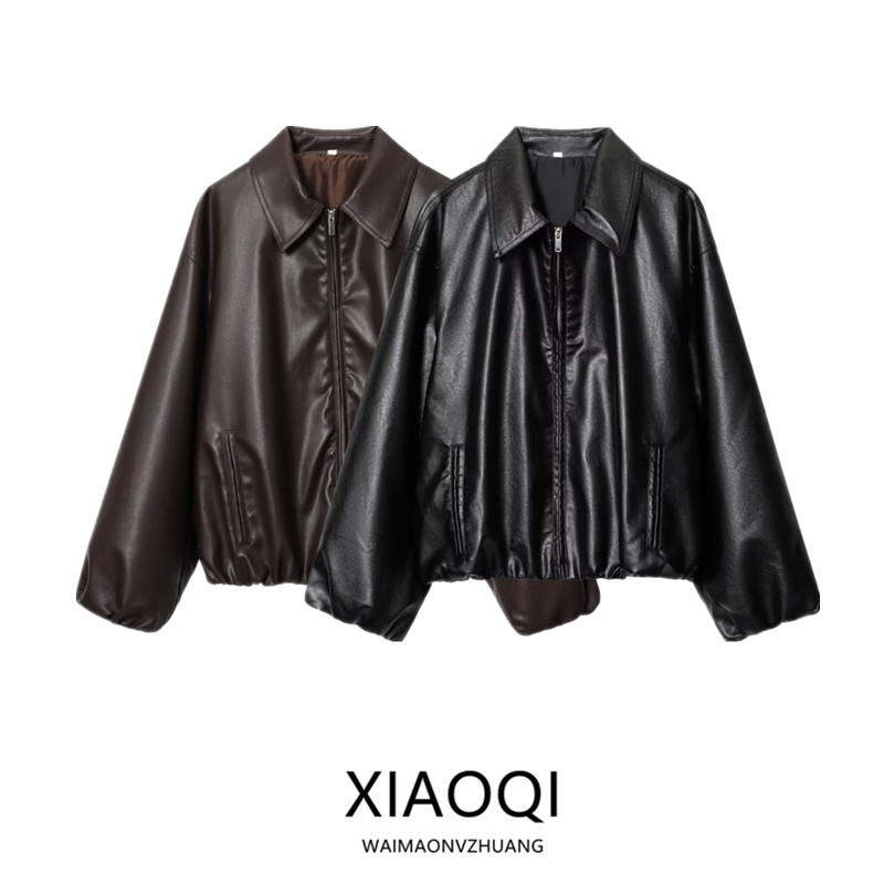 Jaqueta Fena de Couro Sintético com Gola Piloto Solta, Nova Coleção Outono 2025, Moda Casual e E para Mulheres