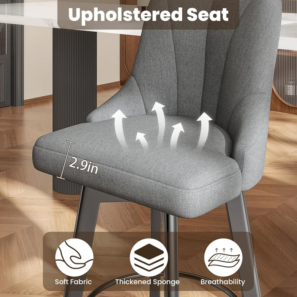 Swivel Bar Stools with Backs, 24" Counter Height Bar Stools Set of 2, Fabric Upholstered Counter Bar Stools with Solid Wood Legs