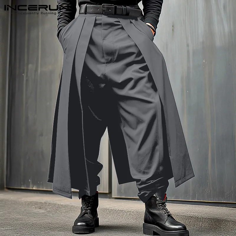 INCERUN เสื้อกันหนาวผู้ชายไม่สม่ําเสมอกางเกงสีทึบ Joggers หลวมปุ่มสบายๆกางเกงขากว้างผู้ชาย 2024 กางเกงแฟชั่น