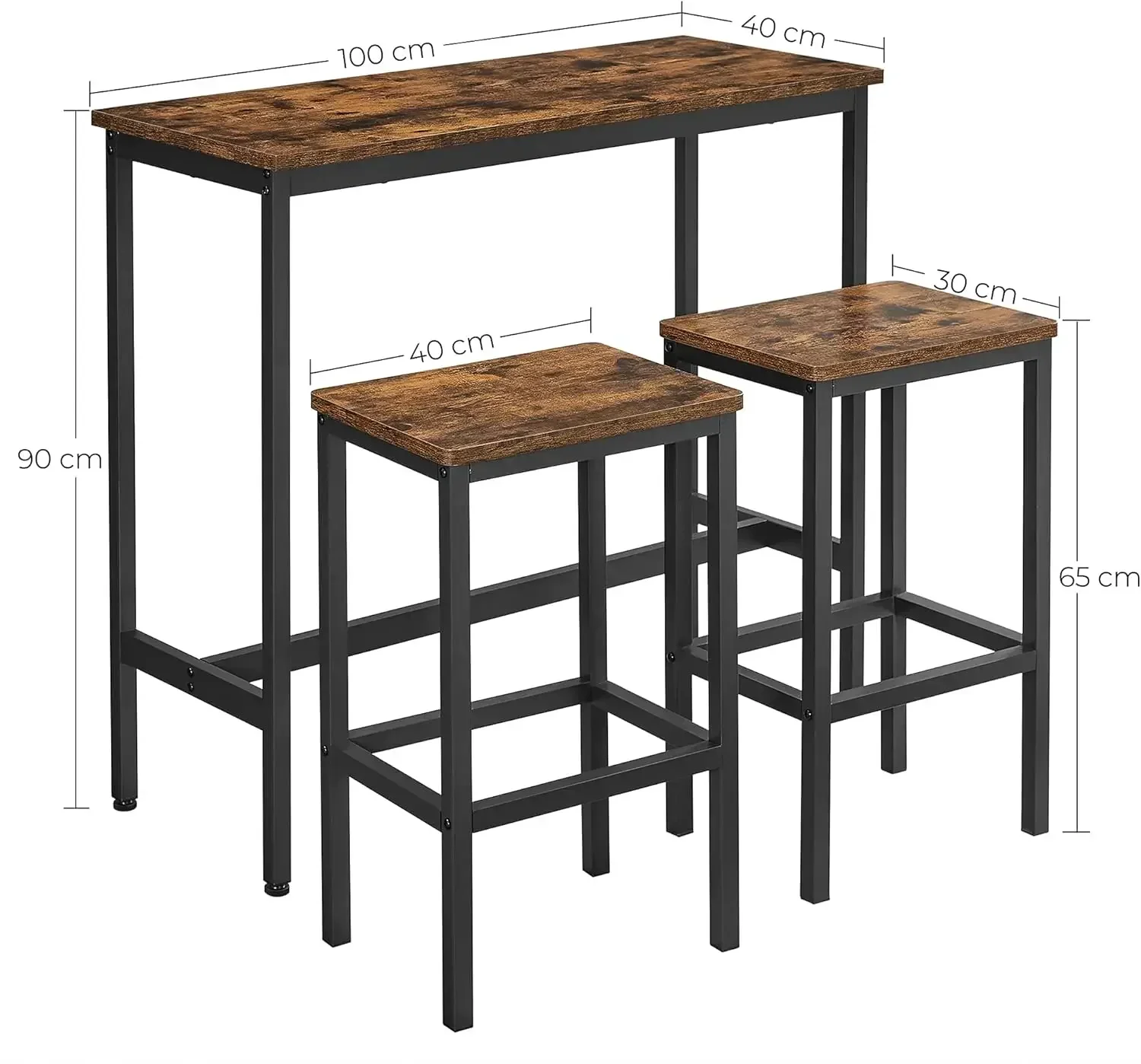 Juego de mesa de bar y taburetes, mesa de desayuno con 2 taburetes, estructura de acero, industrial, tinta marrón rústica y negra