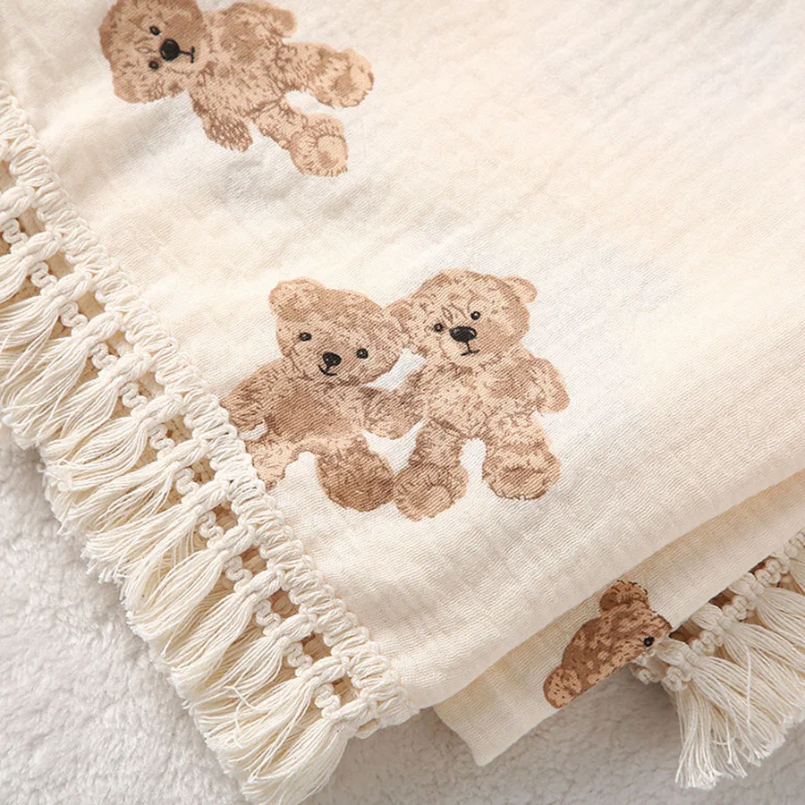 หมีน่ารัก Muslin Squares ผ้าฝ้ายผ้าห่มเด็กสําหรับทารกแรกเกิดลายสก๊อตทารก Swaddle ผ้าห่มทารกอุปกรณ์เสริมเตียงผ้าพันคอฤดูร้อน
