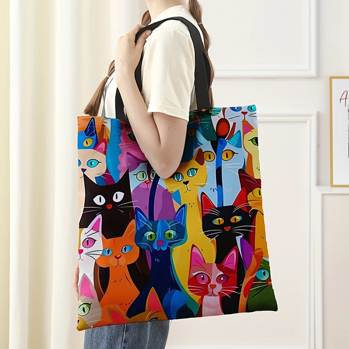 Colorful Kitten Printed Casual Handbag, Reusable Fashionable Backpack, Multifunctional Handbag, Printed Shopping Bag 40x40cm
