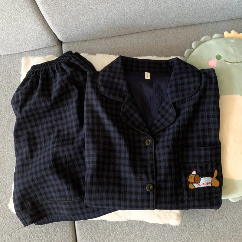 Bordado cão doce moda bonito pijamas conjunto para mulheres xadrez lapela pescoço cintura elástica design pijamas curto novo casual pijamas