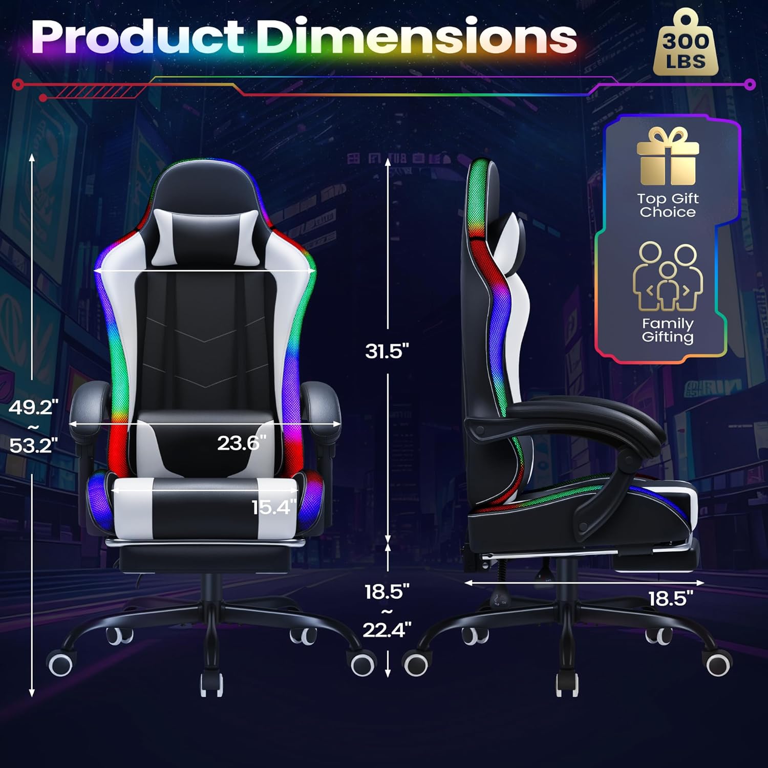 Gaming Chair, Video Game Chair with Footrest and Massage Lumbar Support, Ergonomic Computer Chair Height Adjustable