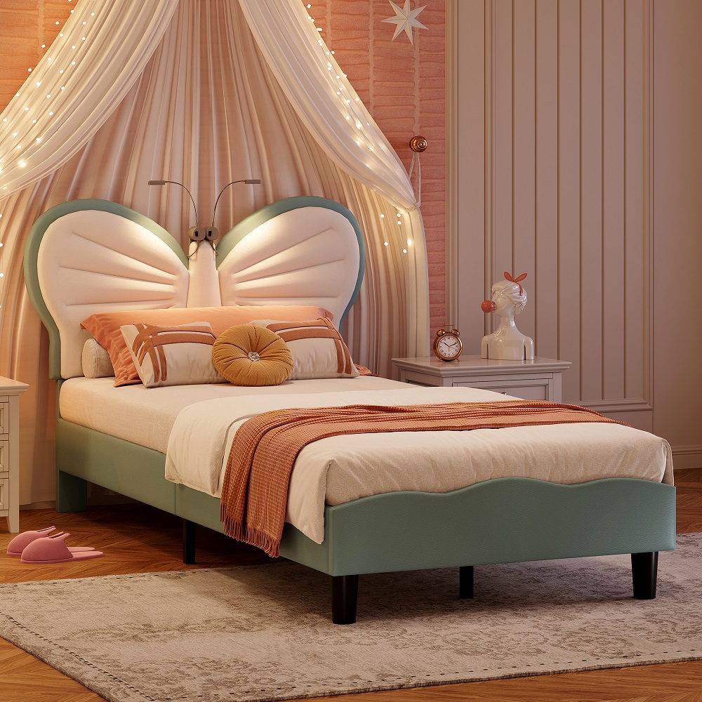 Lazyspace vlindervormige hoofdeinde kinderbedden met LED-leeslampen, 90x200cm in hoogte verstelbaar PU-lederen bedframe