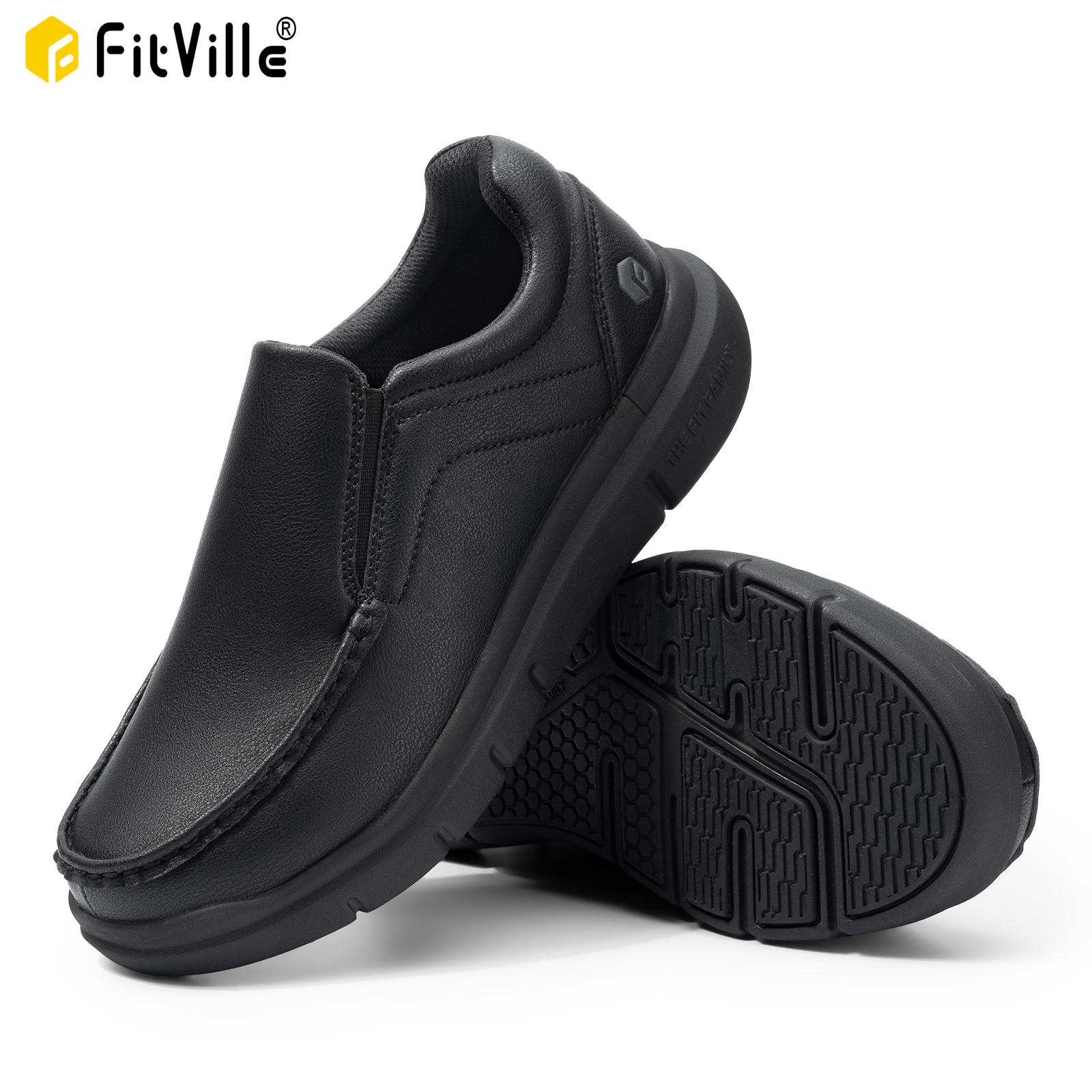 Fitville Herrenschuhe, breite Leder-Slip-On-Freizeitschuhe, leicht, für geschwollene Füße mit Schmerzlinderung im Fußgewölbeunterstützung