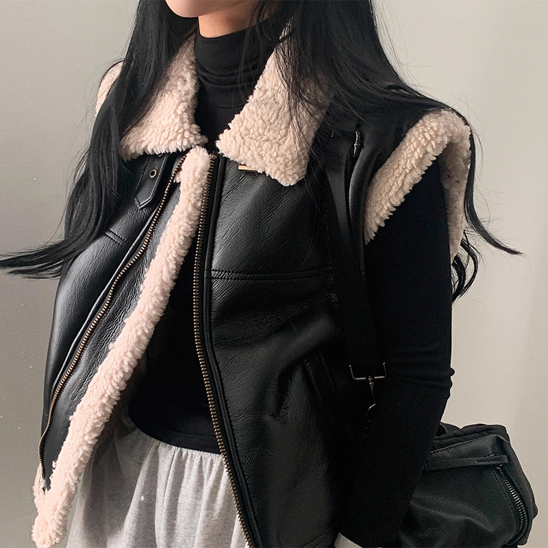 シックな秋冬レトロユニークなラペル Pu レザー毛皮のベストジッパールーズ女性のジャケット通勤スタイル長袖フリップ襟