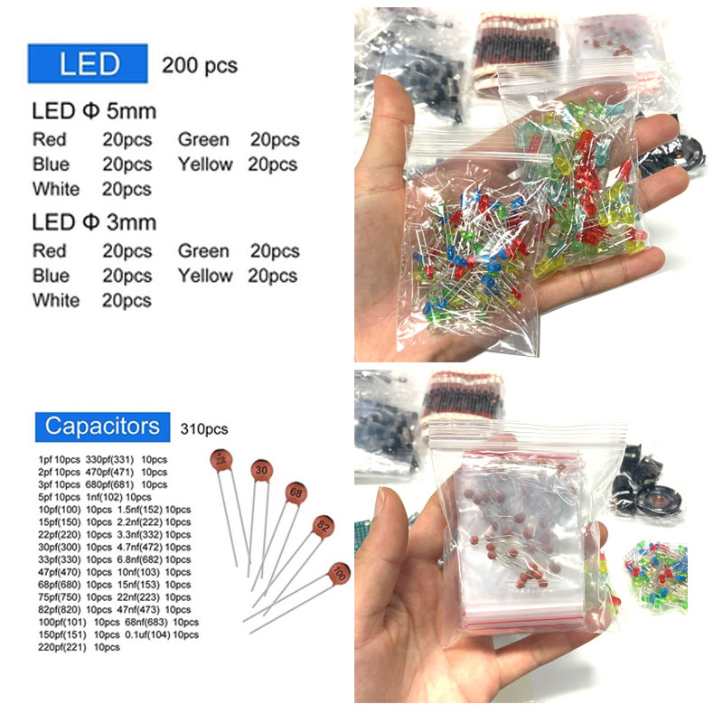 1818pcs capacitores comuns resistores capacitores T0-92 LED transistores placa PCB DIP-IC RM065 diodos kit de componentes eletrônicos