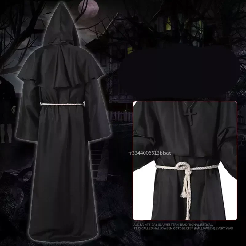 Novo traje de feiticeiro halloween cosplay traje medieval com capuz robe monge frade robe sacerdote traje roupas antigas terno cristão